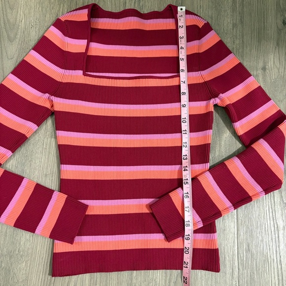 Striped Square Neck Sweater Pink Orange Burgundy Y2K Sz S 90s Retro Casual - Picture 4 of 8